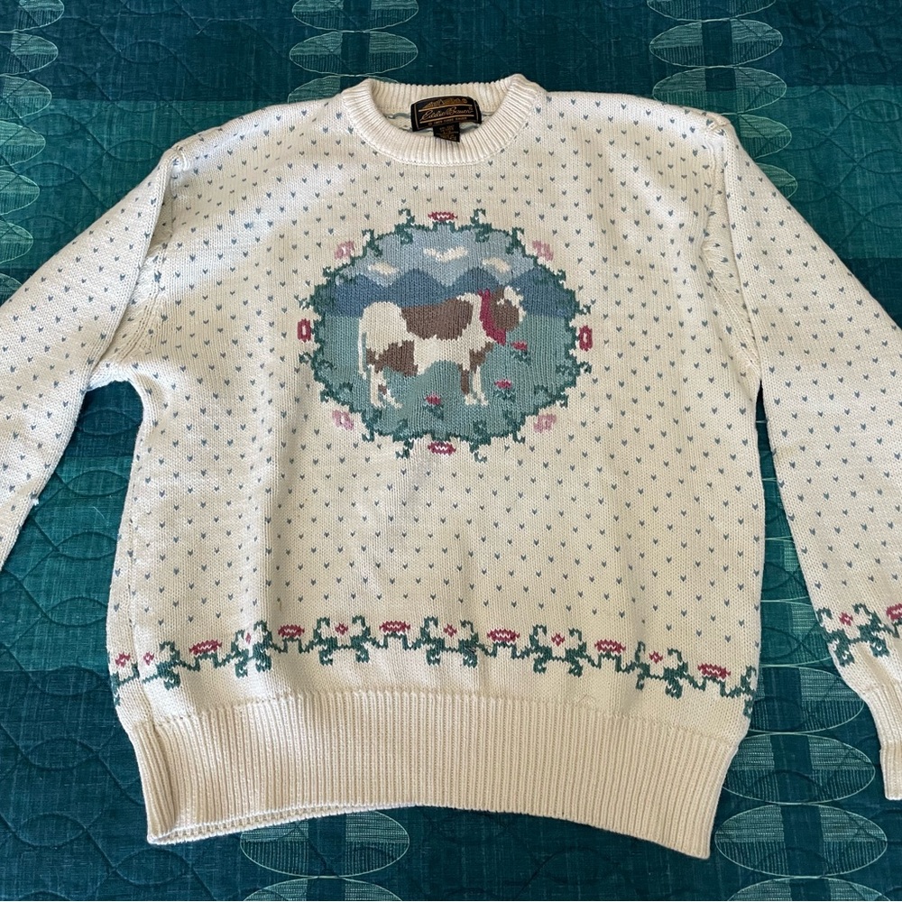1989 Eddie Bauer Cream Knit cow 100% cotton Sweater